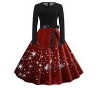 Vestito Natalizio Donna, Abito Natalizio Donna con Cintura Taglie Forti con Vintage Stampa in Cotone Elegante Abito da Festa per Feste di Fine Anno Abiti Natalizi Donna Vestito Abito Natalizio Donna