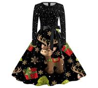 Vestito Natalizio Donna, Abito Natalizio Donna con Cintura Taglie Forti con Vintage Stampa in Cotone Elegante Abito da Festa per Feste di Fine Anno Abiti Natalizi Donna Vestito Abito Natalizio Donna