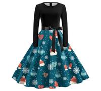 Vestito Natalizio Donna, Abito Natalizio Donna con Cintura Taglie Forti con Vintage Stampa in Cotone Elegante Abito da Festa per Feste di Fine Anno Abiti Natalizi Donna Vestito Abito Natalizio Donna