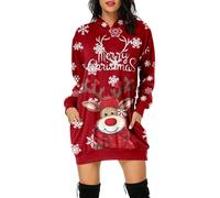 Vestito Natalizio Donna- Felpa con Cappuccio Curvy Taglie Forti Abiti Felpa Maglie Lunga Stampate Natalizi Costumi di Donna Natale Babbo Mini Abito Invernale Felpa Natale da Donna Mini Abiti Natale