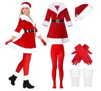 Vestito Natalizio Donna Vestito Babbo Natale Donna Cosplay Dress Un Abito a Balze Abbinato Accessori Come un Cappello Calze a Righe Scarpe di Cuoio Punta Una Cintura Campanellini Maschera Di Natale