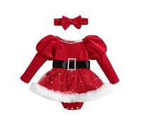Vestito Natalizio Neonata Abito Natalizio per Bambina con Cerchietto a Fiocco Vestito Rosso Bambina Set di Tutina Elegante Abito Principessa Manica Lunga Baby My First Christmas (A01-Red, 3-6 Months)