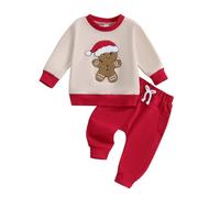 Vestito natalizio per bambino e bambina, con ricamo a maniche lunghe, con stampa di omino di pan di zenzero, felpa e pantaloni lunghi, 2 pezzi, tuta per neonato e Natale, cachi, 3-6 Months