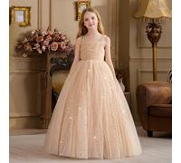 Vestito natalizio per ragazza pre-adolescente con decorazioni in perle, stelle e fiocchi in rete, colore oro. Abito elegante da principessa, adatto come regalo di compleanno per ragazze, per feste di 