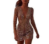 Vestito Oro Donna Capodanno Corto Abito Matita con Paillettes, Corto Scintillante Schiena Scoperta Abito Tubino con Brillantini con Spacco Laterale, Elegante con Glitter Lucido per Cocktail Mini Abito