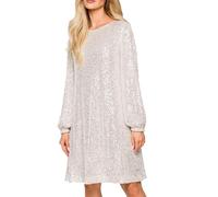 Vestito Paillettes Donna - Abito con Paillettes da a Maniche Lunghe Girocollo Scintillante Mini Abito Glitterato Elegante Abito da Cocktail Party da Sposa (Beige, L)