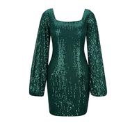 Vestito Paillettes Donna Curvy - Aderente Corto con Scollo Quadrato E Maniche Lunghe con Paillettes Scintillanti da Cocktail da Sera (Dark Green S)