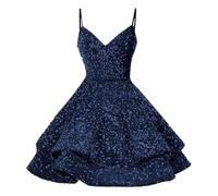 Vestito Paillettes Donna Elegante, Abito da Sera con Bretelle da, Abito con Paillettes, Abito da Banchetto in Tinta Unita, Piccolo Abito (Navy, 10)