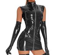 Vestito Pelle Donna Lungo Bodycon Dress in Finta Pelle, Erotico Festa con V Profondo Clubwear, Lucido Ecopelle Mini Vestito, Aderente Verniciata Mini Abito, Elasticità Senza Schienale