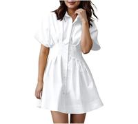 Vestito per le signore Estate Autunno Manica Corta Midi Mini Piccolo Lunghezza al Ginocchio Stretto Increspato Camicia Plain Dress Donna 2025, U-79 Bianco, XXL