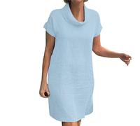 Vestito per l'estate da donna casual tinta unita abito a maniche corte dolcevita con tasca abito allentato casual marrone chiaro, Blu, M