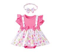 Vestito per neonata di Pasqua, Body a Maniche Corte a Coste con Vestito attaccato e