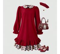 Vestito per ragazza pre-adolescente con colletto Peter Pan, maniche a sbuffo e balza sul fondo 8Y,9Y,10Y,11Y,12YquadriPoliestere