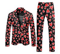 Vestito per San Valentino, da uomo, con stampa a cuore, 2 pezzi, giacca e pantaloni slim fit, abito da uomo, divertente per feste stampato, tuta per il tempo libero, Nero , L