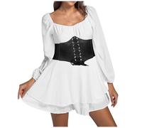 Vestito Pirata Donna Bianco Costume Rinascimentale Vestito Medievale Senza Spalline Manica Lunga Abiti da Donna Tinta Unita al Ginocchio Vestiti Donna Pirata con Cinturini in Vita per Feste Carnevale