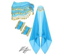 Vestito professionale per danza del ventre con sciarpa all'anca, sciarpa per la testa, polso e forcina per capelli, da donna, abbigliamento per danza del ventre, Blu lago, Taglia unica