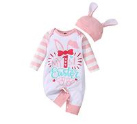 Vestito Pulcino Neonata Baby Boy Girl Abiti pasquali Vestiti Appena Nati Neonato a Righe 2 Pezzi My First Easter Pagliaccetto a Maniche Lunghe Set Cappello Neonato Battesimo (White, 0-3 Months)