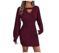 Vestito pullover da donna invernale elegante con scollo a V a vita alta, vestito lungo plissettato con maniche a lanterna, spacco laterale increspato, vestiti lunghi da cocktail serata party, rosso, S