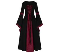 Vestito rinascimentale donna, abiti medievale donna, collo quadrato con maniche a tromba vintage taglio splicing costume con lacci vita aderente regolabile Halloween elegante festa gonna lunga