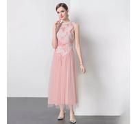 Vestito Romantico Rosa Lungo Senza Maniche Con Ricami E Tulle Fluttuante CF51189