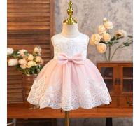 Vestito rosa in seta e rete ricamato con volant per bambine, abito da festa e Capodanno, vestitino da battesimo per neonata con fiocco 6-9M,9-12M,12-18M,18-24M,2-3YPiantePoliestere