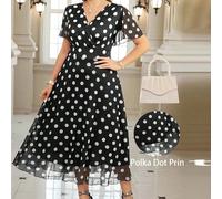 Vestito rosso con pois bianchi in rete vita stretta e taglie comode, elegante outfit romantico per la Festa di San Valentino 0XL,1XL,2XL,3XL,4XL,5XLGeometrico,Pois,stampa dappertuttoTessuto in maglia