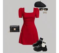 Vestito rosso corto con maniche a lanterna e scollo quadrato, elegante per ragazze pre-adolescenti, adatto per uso quotidiano, occasioni casual, feste eleganti o feste di compleanno 8Y,9Y,10Y,11Y,12YC