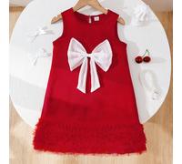 Vestito rosso senza maniche per ragazza con grande fiocco bianco, gonna in tulle rosso a più strati, elegante e grazioso per feste, compleanni, uso casual, che mette in mostra la personalità vivace e