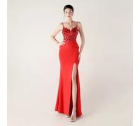 Vestito Rosso Vivo Lungo Con Spacco Elegante E Corsetto Ricamato CF50202