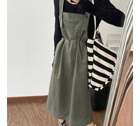 Vestito salopette da donna con vita con coulisse e tasche applicate, abito da rientro a scuola, abito lungo a maniche lunghe per l'autunno L,M,S,XLColore unicoTessuto