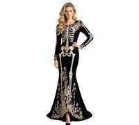 Vestito Scheletro Halloween Velluto Gotico Stretch Morbido, Stampa Floreale | Costume Donna Scheletro Abito Lungo per Cosplay, Carnevale, Festival, Club, Bar, Palco, Festa, Ballo e Sfila