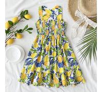 Vestito senza maniche per ragazza giovane con scollo quadrato, fiocco incrociato sulla schiena, stampa di frutta bianca e fiori piccoli, vestito carino per il primo compleanno, vacanze estive e vacanz