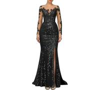 Vestito Sera Lungo Lucchetti e Pizzo Scafo Mermaid con Maniche Trasparenti | Lucchetti Brillanti Sotto Luce, Pizzo Traspirante, Linea Sirena con Strascico Satinato