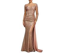 Vestito Sera Lungo Lucchetti e Pizzo Scafo Mermaid con Maniche Trasparenti | Lucchetti Brillanti Sotto Luce, Pizzo Traspirante, Linea Sirena con Strascico Satinato