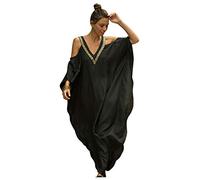 Vestito Spalle Scoperte Donna Abito Lungo Scollo a V Tunica Taglie Forti Boho Hippie Chic Caftano Lungo Kaftano Indiano Vestiti da Spiaggia Lunghi Manica Corta Copricostume Pareo Mare ZSCPDN0241BK