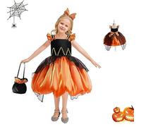 Vestito Strega Halloween Bambina Costume Strega Bambina Vestito con mezza gonna tutù cappello scopa per zucca fascia per capelli gatto zucca Accessori Carnevale Halloween Cosplay