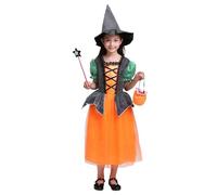 Vestito Strega Halloween Bambina Costume Strega Bambina Vestito con mezza gonna tutù cappello scopa per zucca fascia per capelli gatto zucca Accessori Carnevale Halloween Cosplay