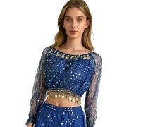 Vestito traspirante di Fashon della parte superiore di danza amichevole della misura elastica per la parte superiore della moneta delle paillettes di spettacoli, Blu reale, Taglia unica