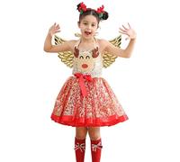Vestito tutù di Natale per ragazze, vestito natalizio con copricapo e Carnevale 3 x Set da bambina in tulle - Gonna in rete stampata con cartone animato di alce, rispettoso della pelle, per la