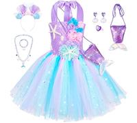 Vestito tutù per bambina - Costume da principessa sirena Ariel con fascia per capelli, borsa, collana, orecchini, braccialetto, viola chiaro, 2-3 anni