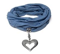 Vestopazzo sciarpa gioiello in tessuto jersey bluette con pendente cuore grande traforato realizzata a mano in alluminio 100% riciclato. Nickel tested AL18054