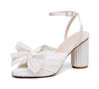 VETASTE Sandali da donna con tacco a fiocco da sposa con punta aperta alla caviglia con tacco grosso, bianco, 39 EU