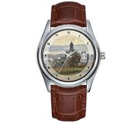 Vetheuil - Orologio da polso da uomo, casual, impermeabile, al quarzo, con data, classico, in pelle marrone, orologio da polso per Natale, motivo: chiesa, Marrone, Commerciale