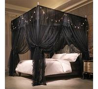 VETHIN 4 Corners Post Ruffle Princess Bed Canopy Curtain-Double Layer Cozy Drape Netting 4 Opening Mosquito Net for Girls Adults Bedroom Decoration (Double-Black,64" W*82" L*82"*H/Queen)