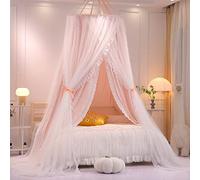 VETHIN Tenda da letto a doppio strato a cupola rotonda per ragazze e adulti, zanzariera da sogno, decorazione per camera da letto, tenda da gioco per castello, angolo di lettura, colore: rosa/bianco)