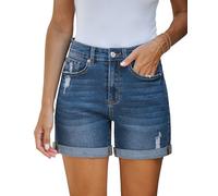 Vetinee Jeans da donna a costine a vita alta, estivi, pantaloni corti, Dopo l'alba blu, L