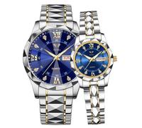 Vetra Coppia di orologi per uomo e donna, per lui e per lei, San Valentino, romantici e lussuosi, con diamanti accentati, set regalo per gli innamorati, set di 2, Cinturino bicolore e quadrante blu