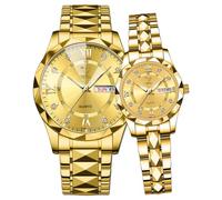 Vetra Coppia di orologi per uomo e donna, per lui e per lei, San Valentino, romantici e lussuosi, con diamanti accentati, set regalo per gli innamorati, set di 2, Cinturino in oro e quadrante dorato