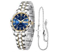 Vetra Orologi da donna analogico con diamanti romani e numeri quadrante blu bicolore cinturino in acciaio inossidabile giorno data luminoso impermeabile piccolo quadrante orologio da polso, B2521W