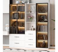 Vetrina a LED, 140 x 40 x 160 cm, libreria e armadio multifunzione con ripiani in vetro e aperti, cerniere a chiusura morbida, illuminazione a LED multicolore, vetrina in vetro antipolvere, libreria